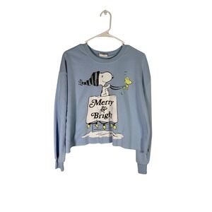 Grayson Threads Peanuts Snoopy Merry & Bright Sweatshirt Blue Womens XS Cropped
